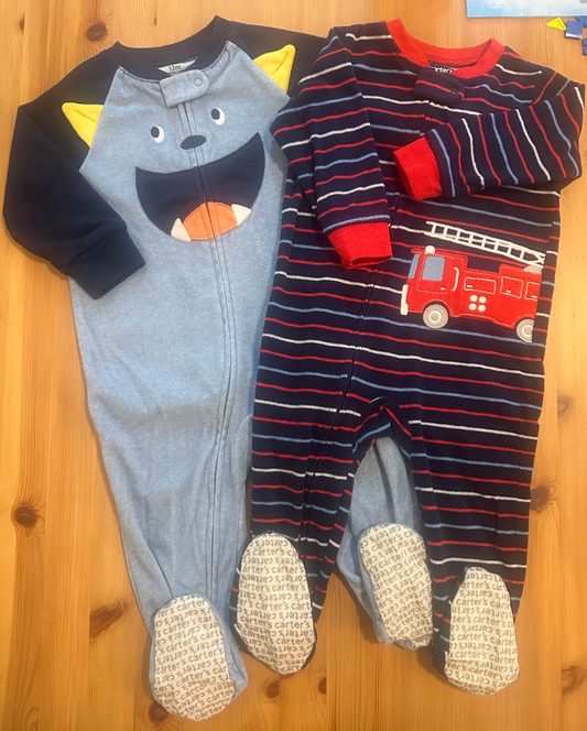 2pc 12m Carters Fleece Footed Sleepers - Soft Lt Blue w/ Monster, Navy Striped w/ Fire Truck 12 Months
