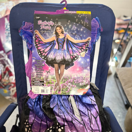 Butterfly Fairy Halloween Costume - 4 Pc - NEW Women Large 12-14 -Multi Purple/Blk - Dress - Headband - Wings Holiday