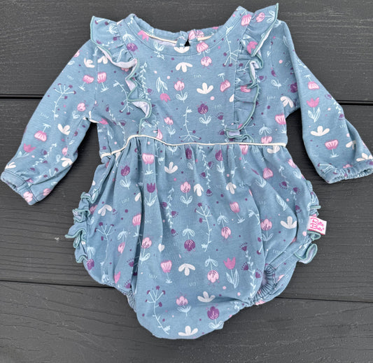 Ruffle butts blue floral bubble long sleeve Ruffle on back snap bottom baby 0-3 months 3 Months