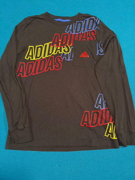 Adidas size L 14/16 Long Sleeve Shirt Cotton black w/ pocket and Adidas logos Shirt 14