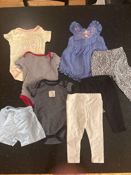 Burts Bees and other Random 3 month lot, onesie, bottoms. Striped onesie is burts 3 Months