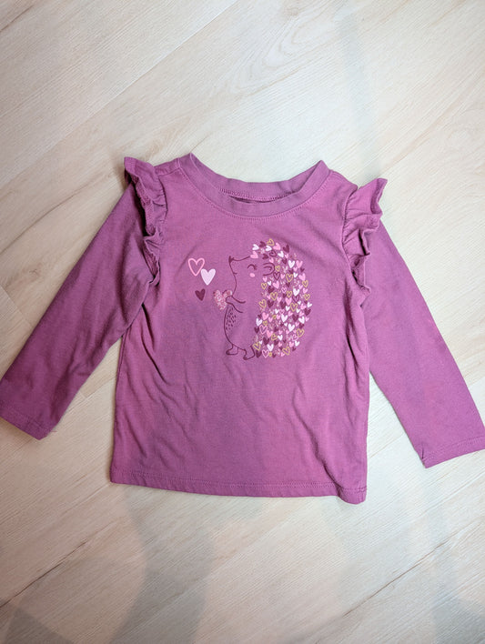Garanimals, dark pink long sleeve shirt, 18m Ruffled shoulder, hedgehog with hearts 18 Months