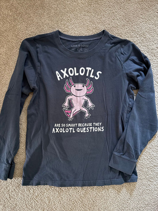 Life Is Good, XXL, Axolotls Questions long sleeve pink axolotl graphic tee, darkest blue, unisex 14