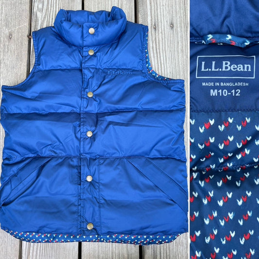 L.L. Bean Size Medium 10-12 Down Puffer Vest Blue Heart Print Lining Girls 10