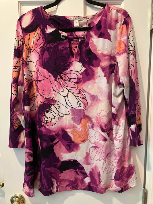 Dana Buchman size xl three quarter length sleeve Floral pattern v neck cut out soft flowy Women's - XL