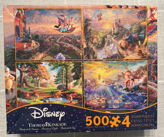 Thomas Kinkade set of 4 500 piece Disney Puzzles Aladdin, Beauty and the Beast, Winnie the Pooh, Little Mermaid Puzzle