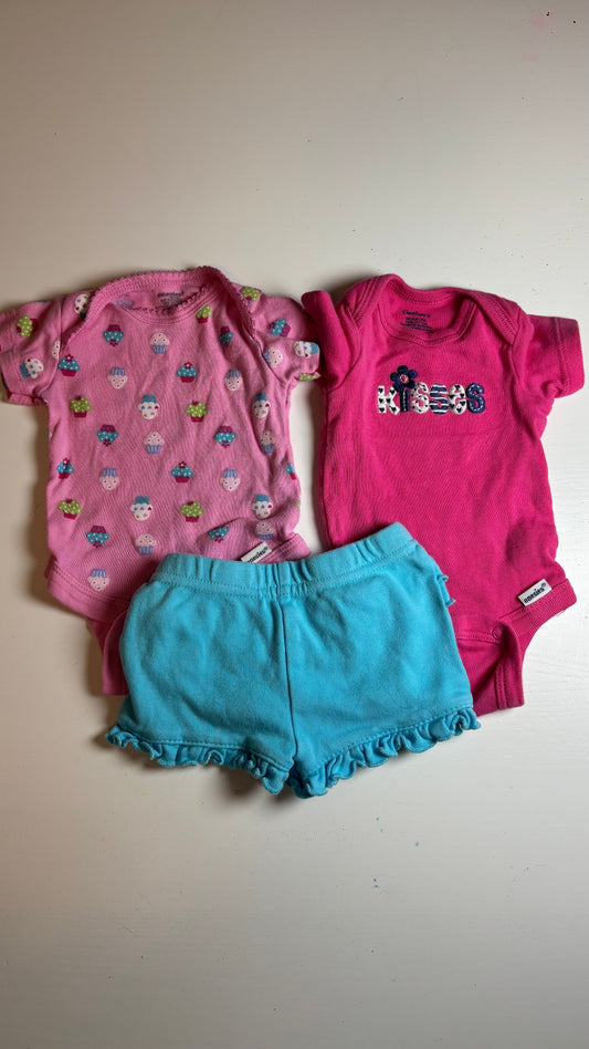 NB pink shirts with kisses and cupcakes Blue shorts Newborn