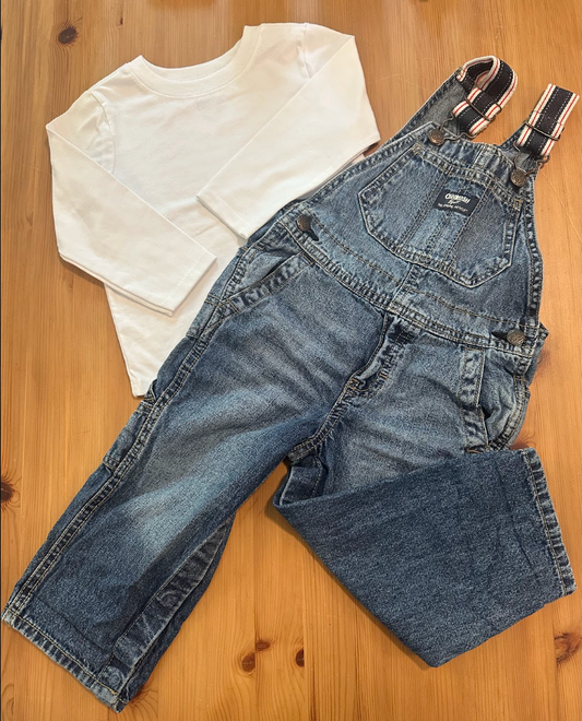 2pc Oshkosh Denim Overalls w/ Cotton Straps 18-24m with Garanimals 18m White LS Onesie 18 Months
