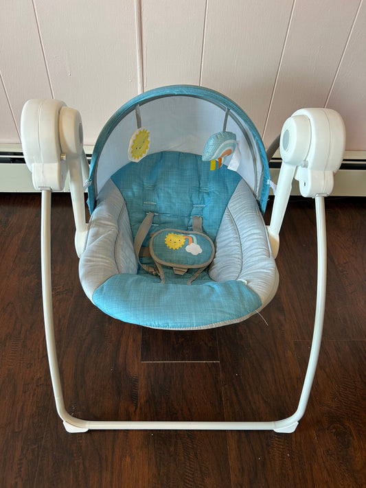 Ingenuity sun valley canopy portable swing, teal Metal material, 5 point harness, battery operated Swing