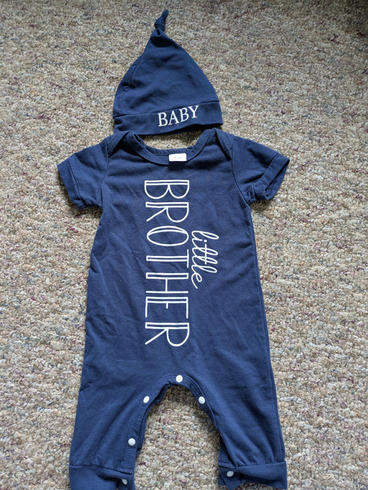 Amazon, 0-3 months Navy blue little brother one piece with baby hat, button up Newborn