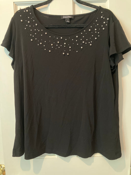 Roz & Ali size xl black silky tshirt short sleeve Pearl and beaded neckline Women's - XL