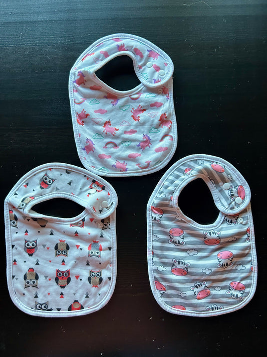 Baby Bib Bundle - 3 Pieces Set of 3 baby bibs featuring fun animal and fantasy prints.