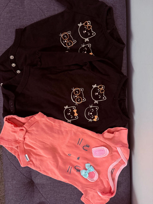 3 Baby Girl Onesie Bundle - Bunny Size 3-9M 2 Cat Onesies Size 0-3 and 3-6 Months Garanimals and Gerber Brand 3 Months