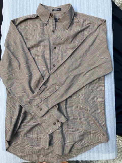 Van Heusen - small button-down collar shirt Brown tan red checkered houndstooth design Men's - S