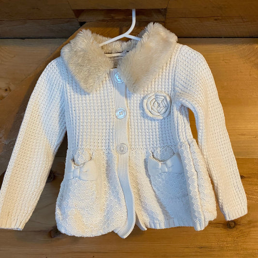 Koala Kids, 2T white knit sweater jacket faux fur collar, removable, rosette detail and bow pockets 2T