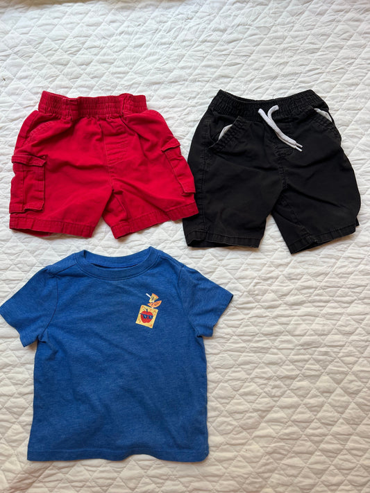 Old navy & Wonder Kids Apply juice box t-shirt, red and black shorts 18 Months