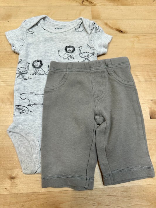 Carters safari animal print onesie, taupe pants Newborn