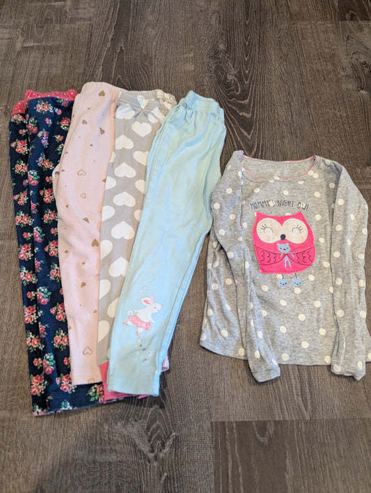 Carter's and Just One You Mixed Lot PJ Pants/Shirt Blue Floral/Pink Hearts Fleece, Blue/White Heart Regular, Owl Top 4T/4