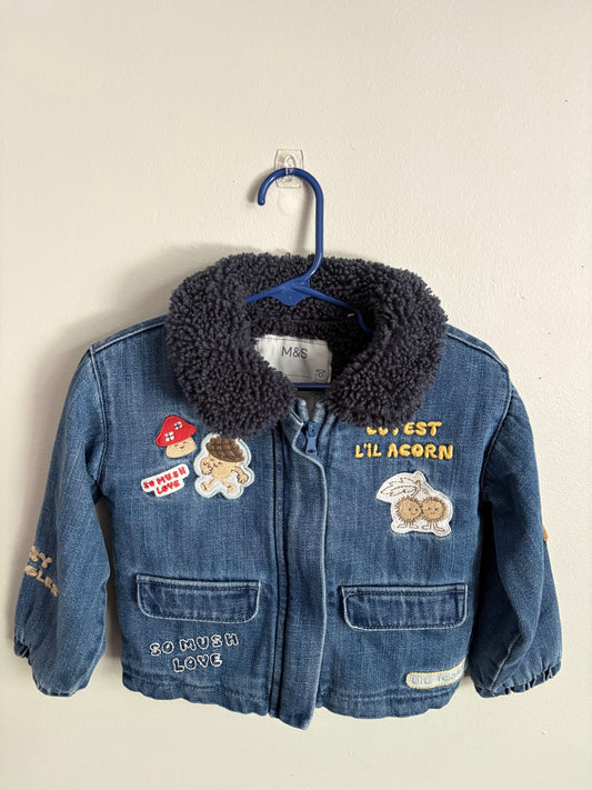 M and S Zip Up Jean Jacket with Fuzzy Neck and Designs 18 Months