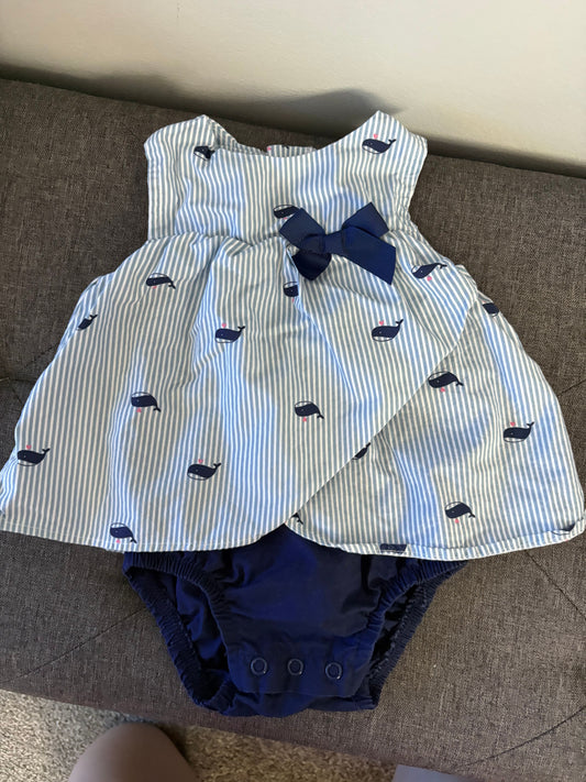 Just One You Baby Girl Onesie Dress Blue with Whales and Bow Great Condition 3 Months