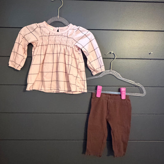 First Impressions Pink plaid top and brown pants 6 Months
