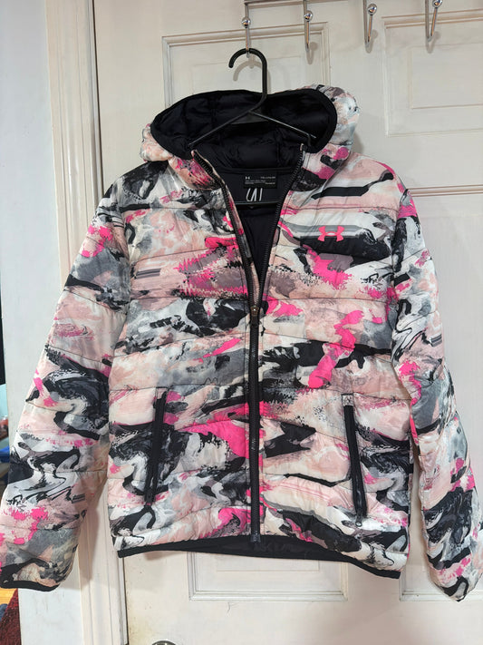 Under Armour Size youth XL girls pink camo puffer jacket with hood 18