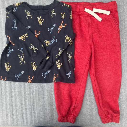 Old Navy - 2T - red sweatpants w/ drawstring and Long-sleeved shirt - navy blue with dancing Halloween skeletons 2T
