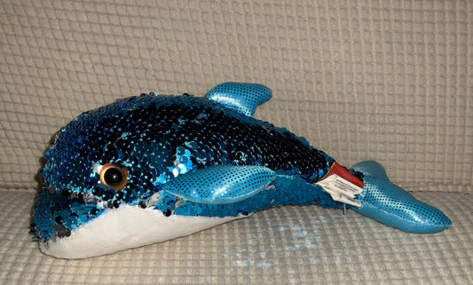 Ty Whale blue/white iridescent flip discs, 10 in. long like new Plush Toys