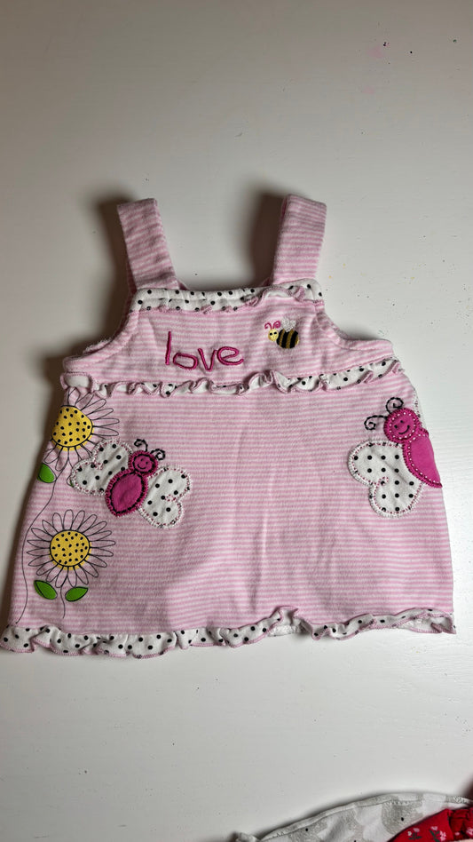 Wishes and Kisses 0 to 3 months dress Pink stripes with flowers, bee and butterfly Newborn