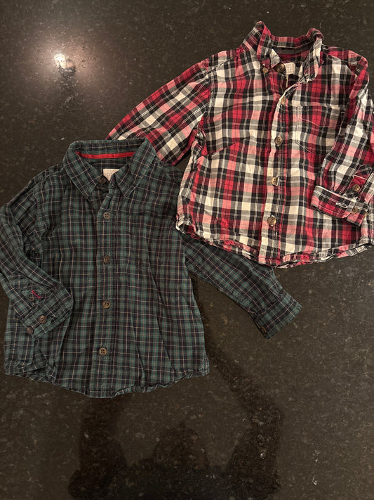 Childrens Place Boys plaid button up dress shirts green and red/white plaid 12m 12 Months