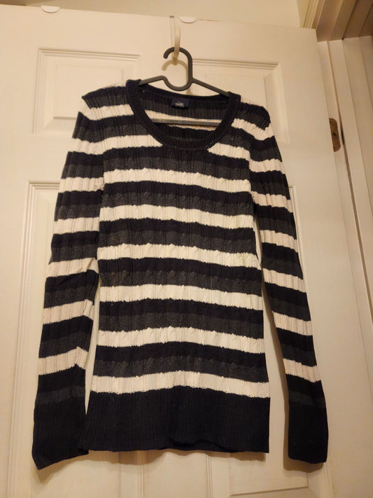Faded Glory - L 100% Cotton Black & White Strip - Long Sleeve Sweater Women's - L