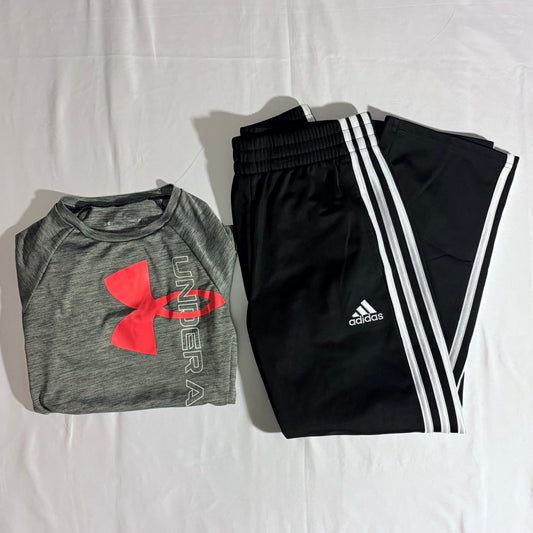 Under Armour gray athletic shirt YSM Adidas black white stripe pants size 8 8