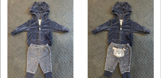 Carters Navy blue hooded jacket w/bear ears&blue and gray striped pants Newborn