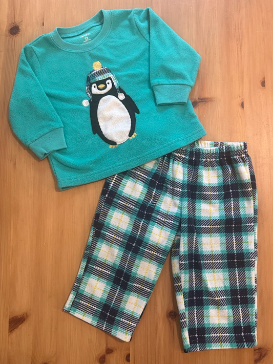 12m Carters 2pc SOFT Fleece Penguin PJs Pajamas Teal LS Top w/ Embroidered Penguin, Plaid Pants-WARM! 12 Months