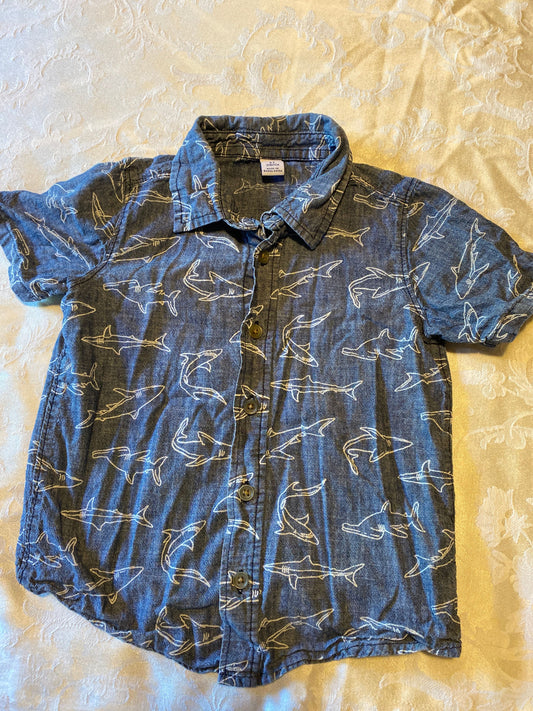 Old Navy, 5t stretch, denim button down collar T-shirt with white sharks. 5T/5