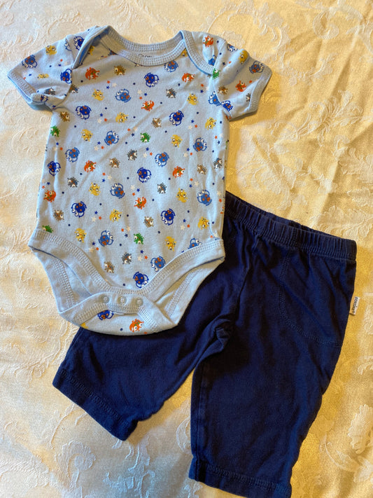 Faded Glory 0m-3m light blue onesie with colorful monsters & Onesie 0-3m dark blue cotton pants Newborn