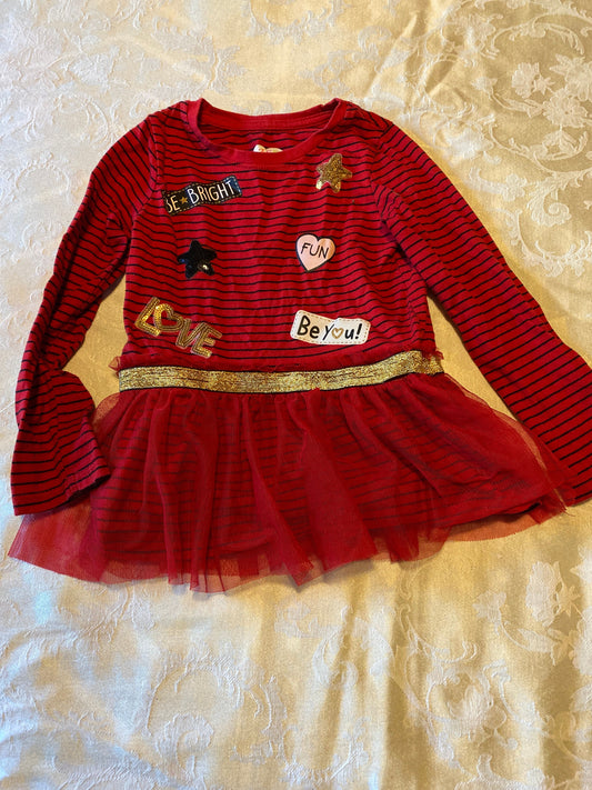 365 kids, garanimals, 4c be bright be you fun love Long sleeve red striped shirt with tulle skirt sparkly belt 4T/4