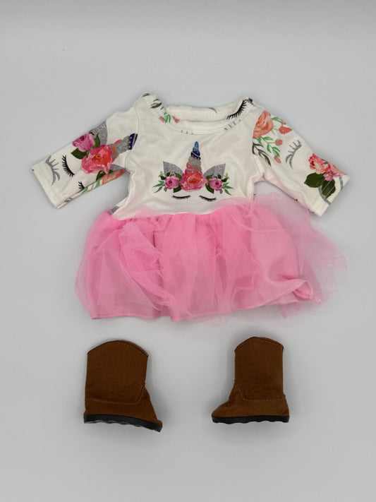 18" Doll Clothes Unicorn Floral Tutu Dress & Brown Boots Dolls and Accessories