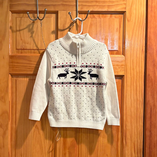 Izod  winter holiday sweater reindeer motif white with navy blue and red snowflake Christmas 4T/4