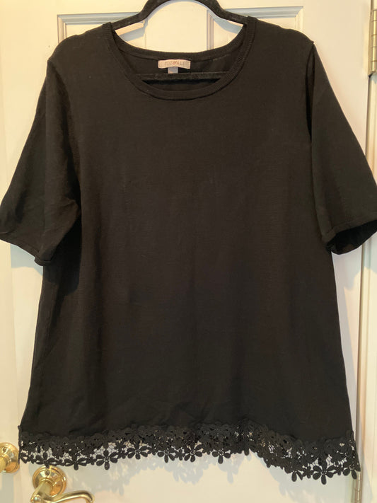 Roz & Ali size 2xl black tshirt blouse stretchy Floral lace bottom hem elbow length short sleeves Women's - XXL