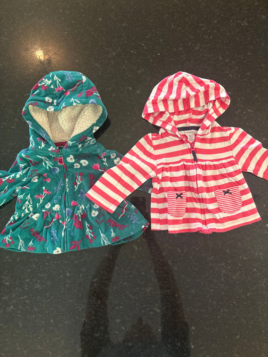 Carters Two hooded sweatshirts, 1 fleece, 1 lighter size 6m 6 Months