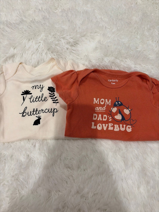 Carters 3 Month Short Sleeve Onesies 2pk, Buttercup and Lovebug 3 Months