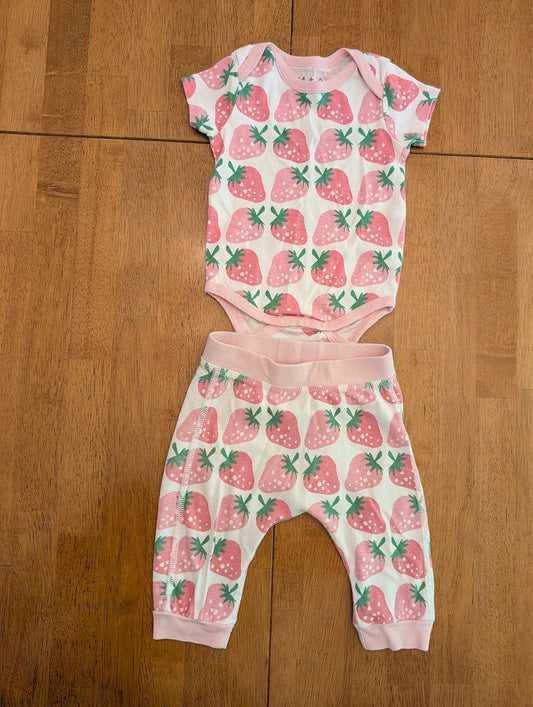 Monica & Andy, 3-6m, 2 pc set - t shirt onesie pants, white/pink strawberries 3 Months