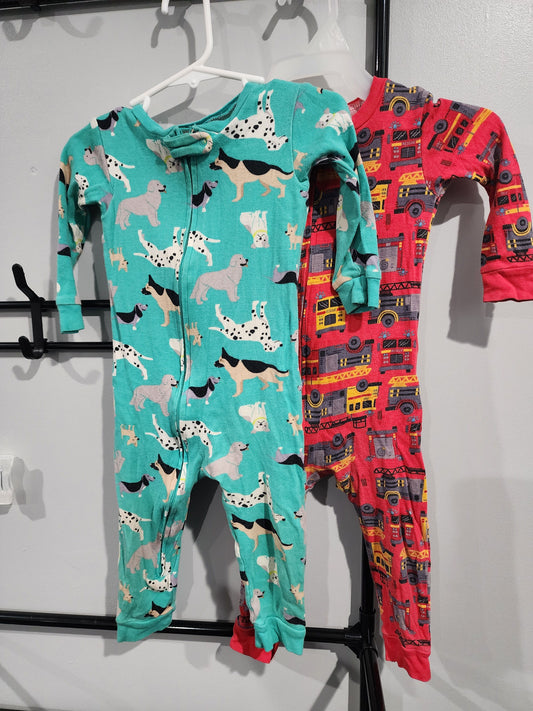 Simple Joy, 18m One Piece Footless Sleepers 2, Teal w. Dogs & Red w. Fire Trucks 18 Months