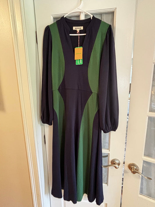 Boden NWT dress women size 8 NEW navy with flattering green stripes, puff sleeves retail $128 Women's 8