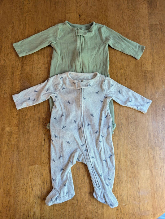 Carter's, 0-3m, 2 long sleeve ribbed pajamas Green, gray/green dino, double zipper 3 Months