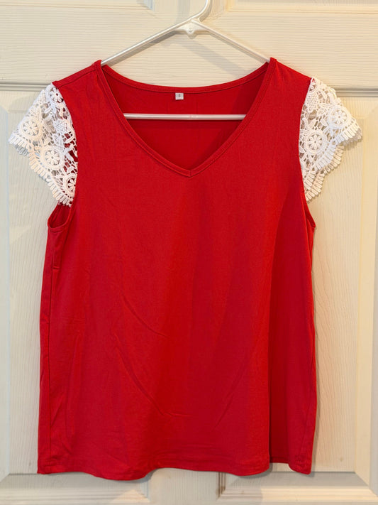 Womens new shirt Red shirt with white lace short sleeves Women's - S