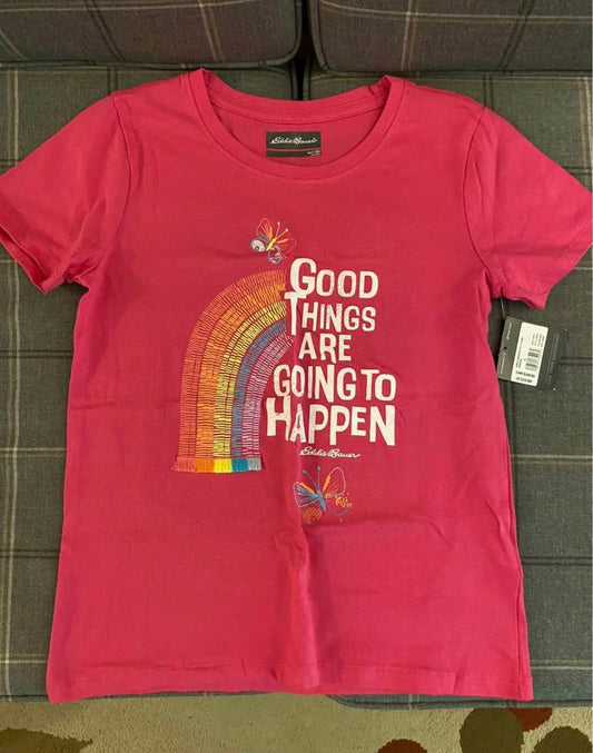 Eddie Bauer, 14, Girls graphic t-shirt, pink NWT rainbow and butterfly design, short sleeve, 100% cotton 14
