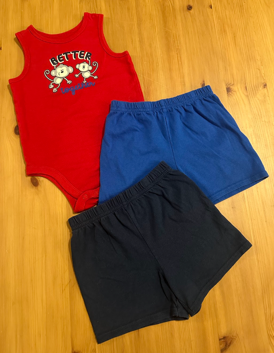 3pc Garanimals Summer Cotton Set - SOFT Red Tank Onesie "Better Together", Blue/Navy Shorts 24 Months