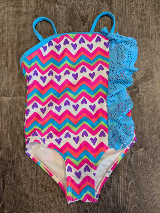 Breaking Waves Swimsuit Hearts with Blue Ruffle and Bow - runs small, fits like a 3 or 4T 5T/5